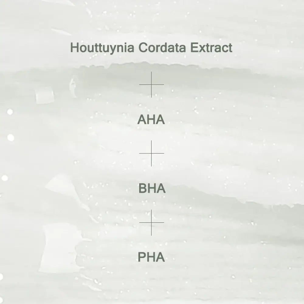 Text mit Inhaltsstoffen: Houttuynia Cordata Extract, AHA, BHA, PHA. Hintergrund: hellgrau mit wellenförmigen Linien.