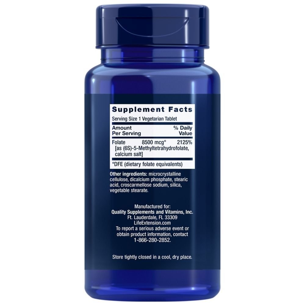 Rückseite der Flasche Life Extension Hochdosiertes optimiertes Folat mit Nährwertangaben und Inhaltsstoffen.