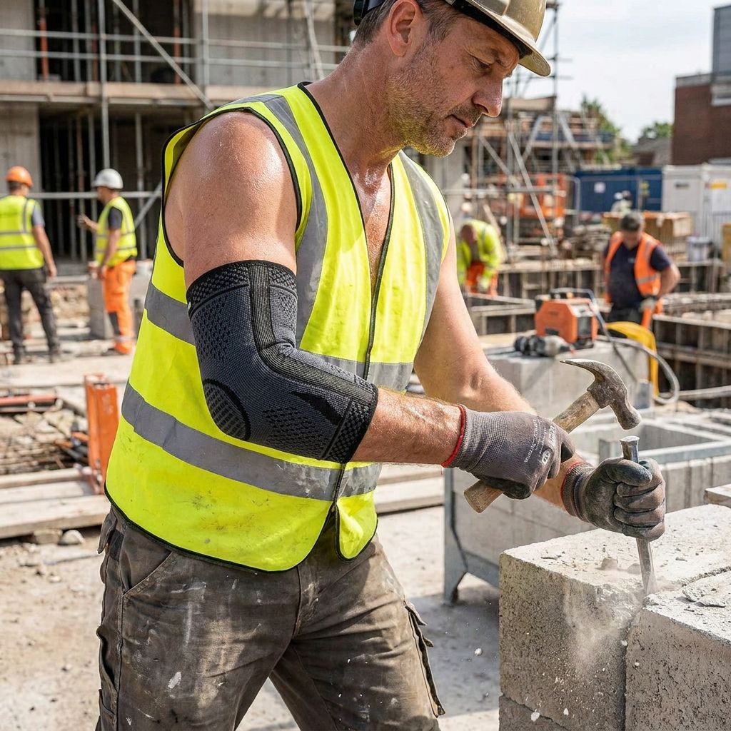 Bauarbeiter mit Ellenbogenbandage. Mann arbeitet mit Hammer und Meißel. Trägt gelbe Weste und Handschuhe.