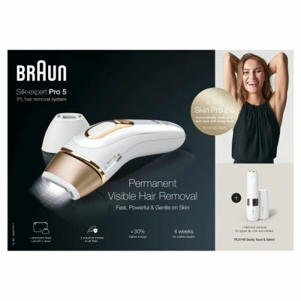Haarentfernungsgerät mit weißem Gehäuse, goldfarbenem Kopf und Zubehör. Verpackung mit Frau und Text: "Permanent Visible Hair Removal".