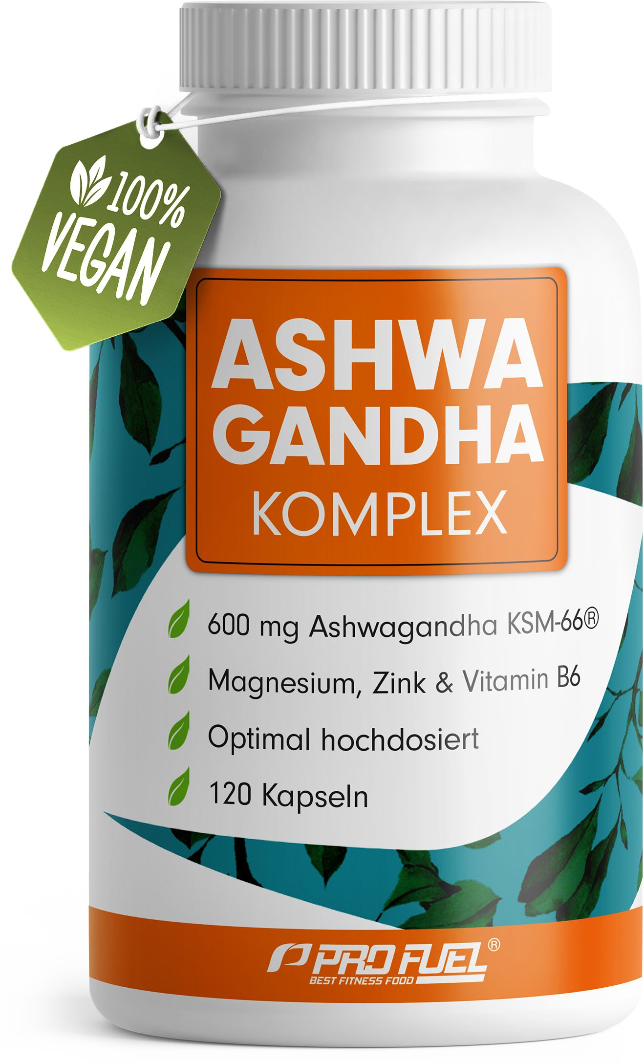 Weiße Flasche mit orangefarbenem Etikett. Aufschrift: ASHWAGANDHA Komplex. 100% Vegan. 120 Kapseln. ProFuel Logo.