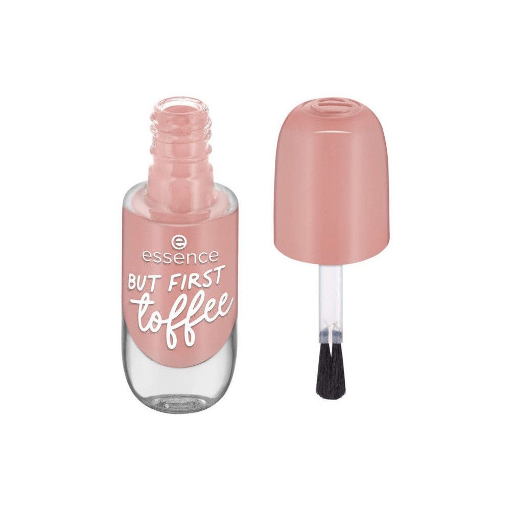 Nagellackflasche, geöffnet, mit Pinsel. Rosa Nagellack. Aufschrift: BUT FIRST toffee. Marke: Essence.