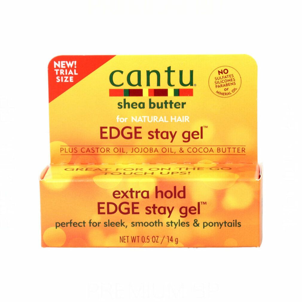 Gel-Verpackung mit Cantu-Logo. "Extra Hold Edge Stay Gel"-Text. "Shea Butter" und "Natural Hair" sind ebenfalls sichtbar.