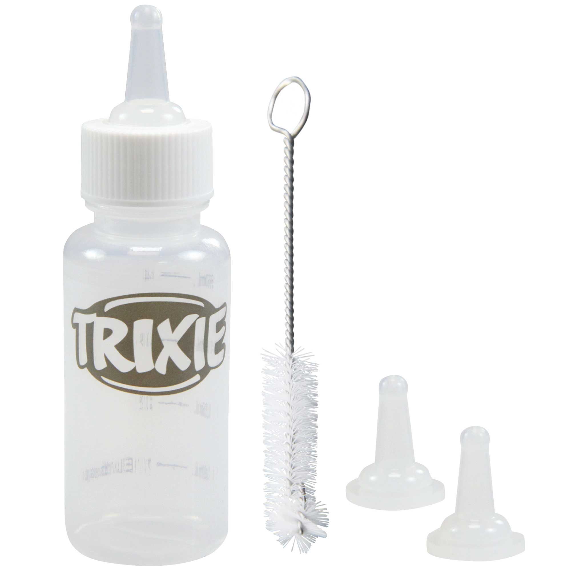 Flaschenset mit Flasche, Sauger, Reinigungsbürste und zwei Ersatzsaugern. Marke Trixie. Transparente Flasche mit Messskala.