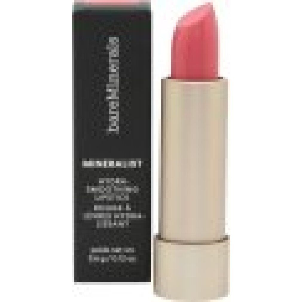Rosafarbener Lippenstift neben schwarzer Verpackung. Marke: bareMinerals. Aufschrift: MINERALIST hydra-glättender Lippenstift.