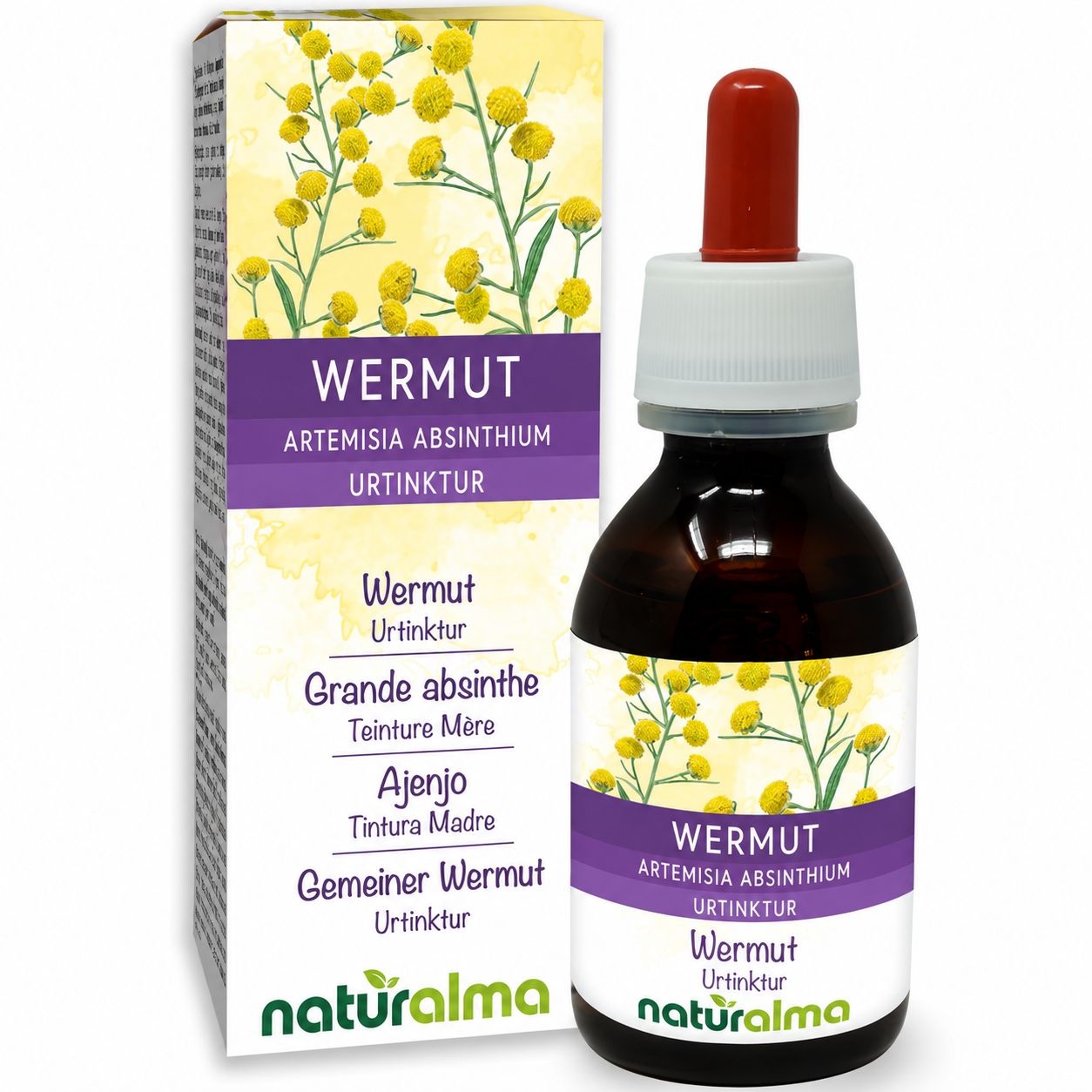 Naturalma Urtinktur Wermut (Artemisia Absinthium) mit gelben Blüten.