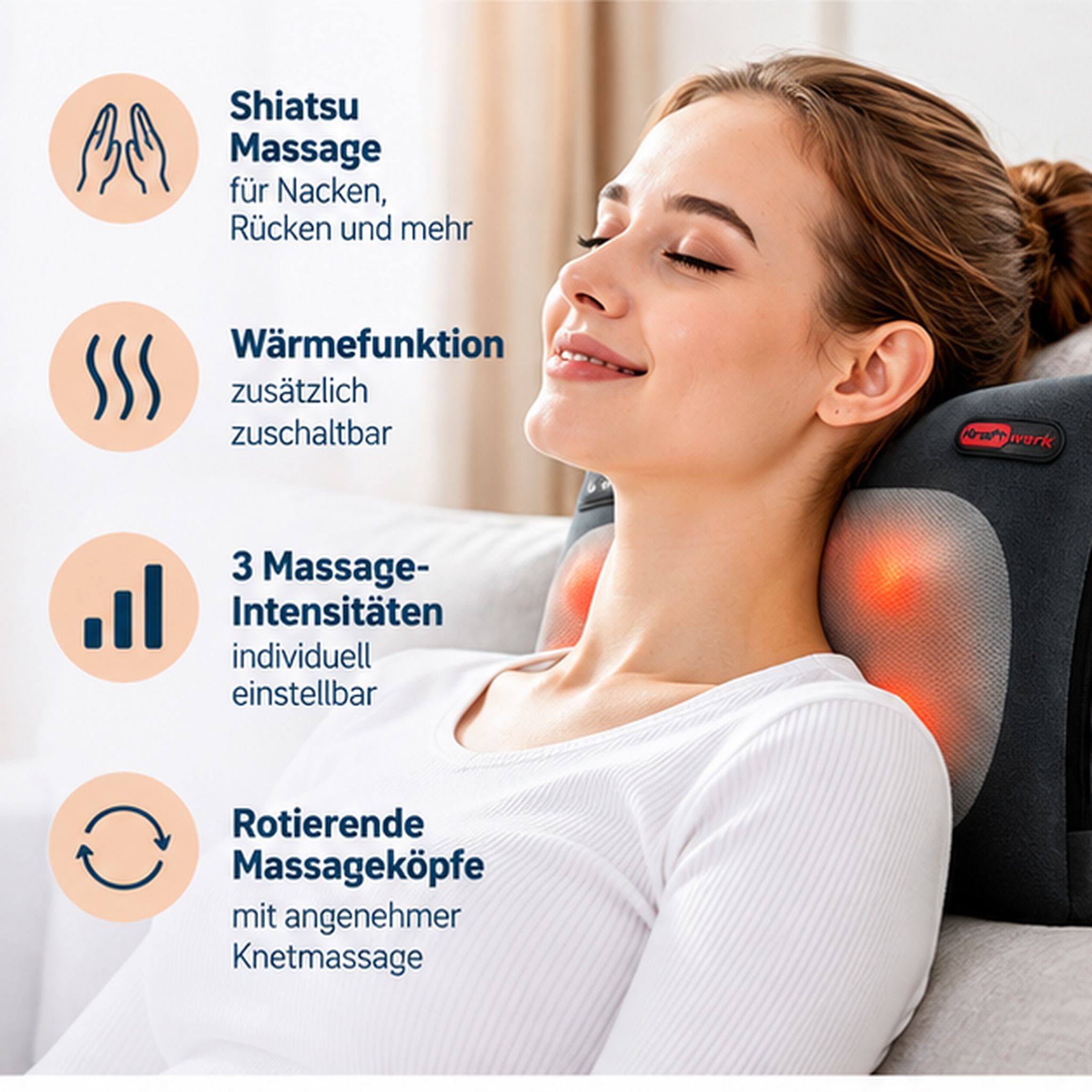 Graues Shiatsu-Massagekissen mit Wärmefunktion und rotierenden Massageköpfen am Nacken einer Frau.