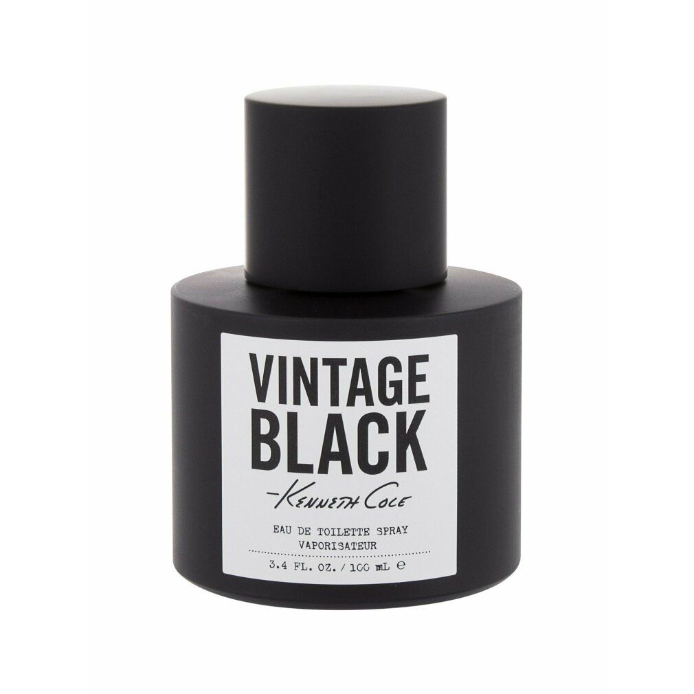 Schwarze Flasche mit schwarzem Deckel. Weißes Etikett mit Aufschrift: Vintage Black, Kenneth Cole. Eau de Toilette Spray. 3.4 FL. OZ. / 100 ml.