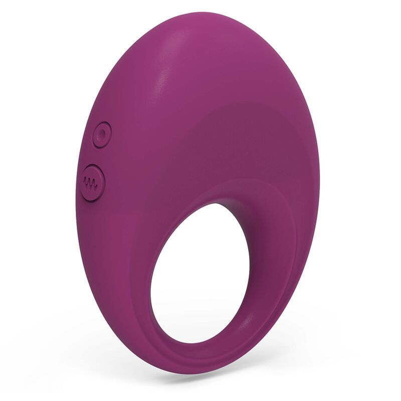 Lila Vibro-Penisring aus Silikon mit zwei seitlichen Tasten und einer ovalen Aussparung.