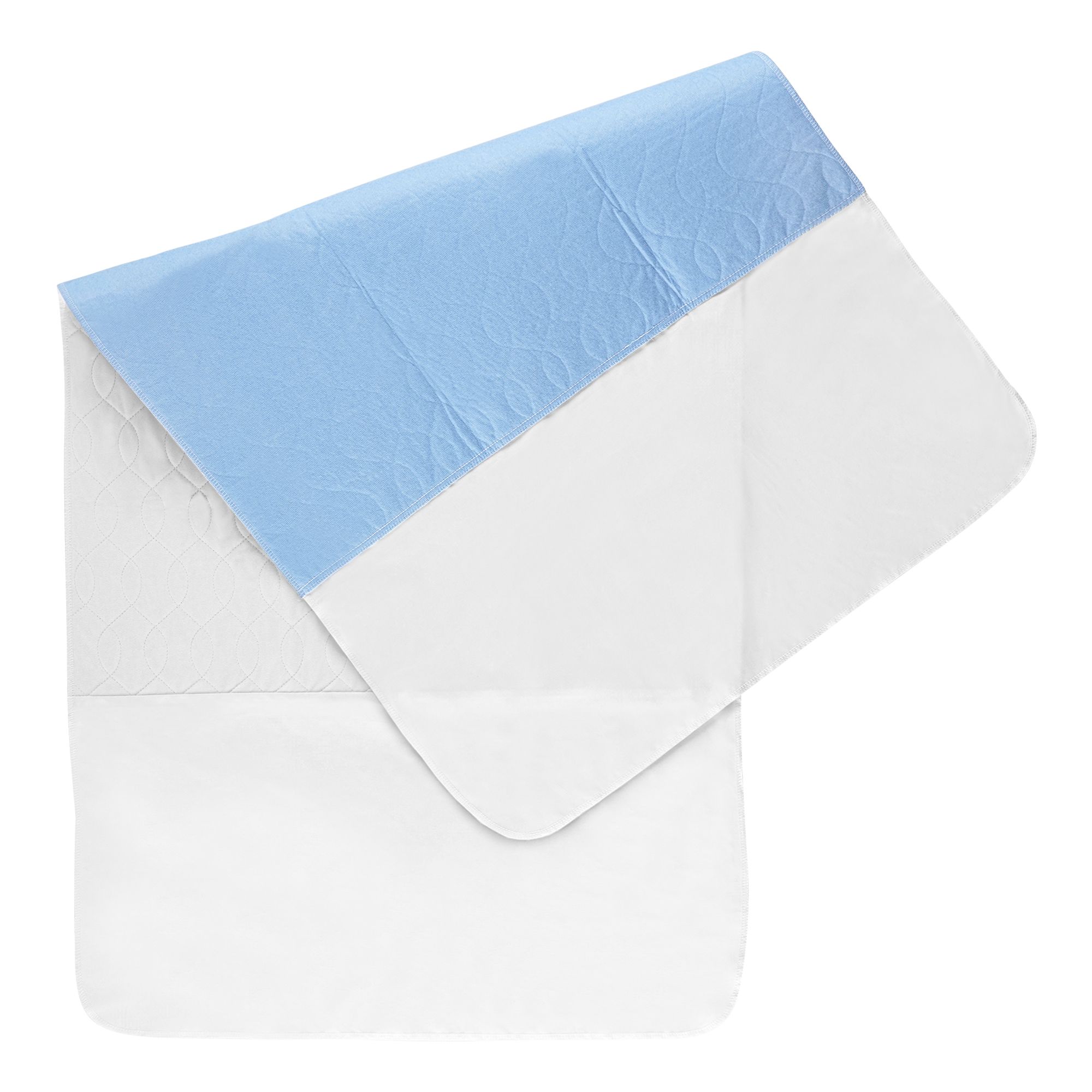Weiße, rechteckige Bettschutzeinlage mit blauem, gepolstertem Bereich. Einsteckstreifen sind sichtbar.