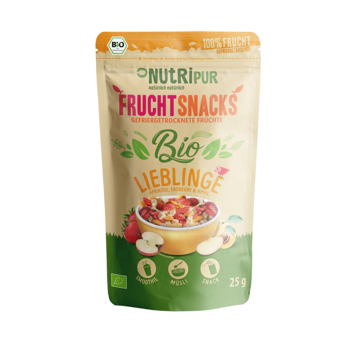 Beutel mit gefriergetrockneten Früchten. Aufschrift: NutriPur, Frucht Snacks, Bio Lieblinge. Bio-Siegel. 25g.