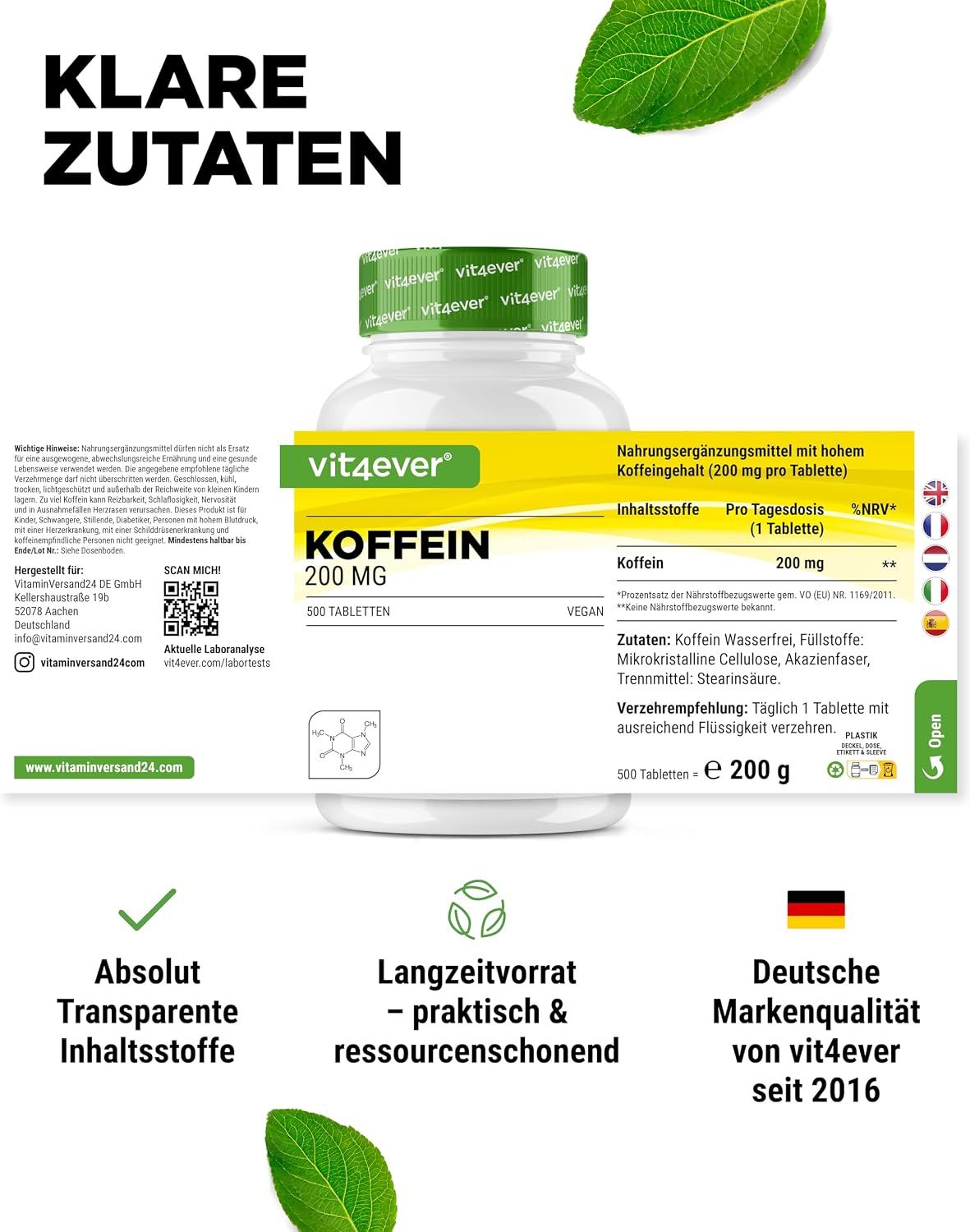 Vit4ever Koffein XXL: Flasche mit Etikett. Enthält 500 Tabletten à 200 mg Koffein. Hergestellt in Deutschland.