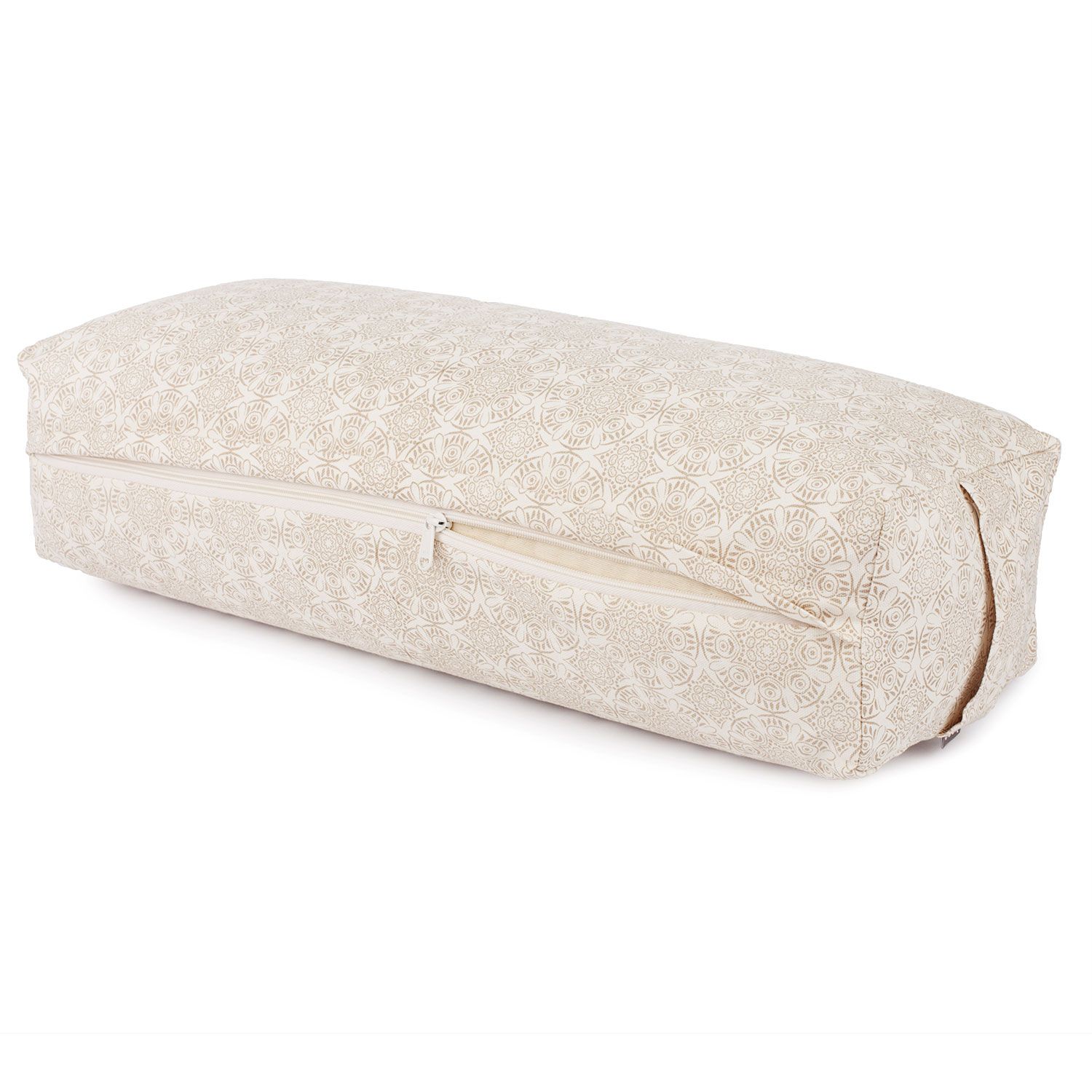 Rechteckiger Yoga-Bolster mit beigem Muster und Reißverschluss. Stoffbezug, rechteckige Form.
