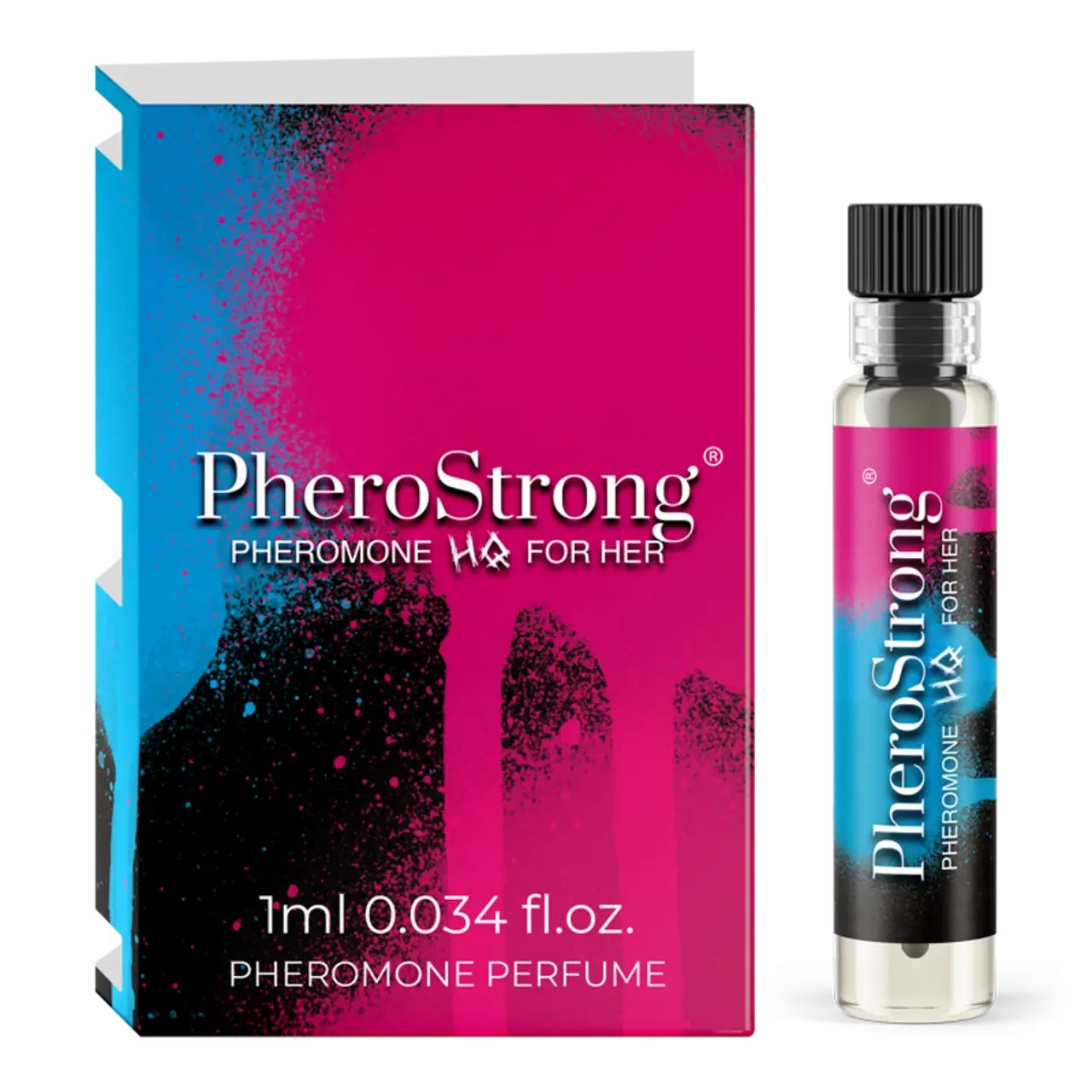 Flakon und Schachtel PheroStrong. Flakon mit schwarzem Deckel. Schachtel mit Logo und Text.
