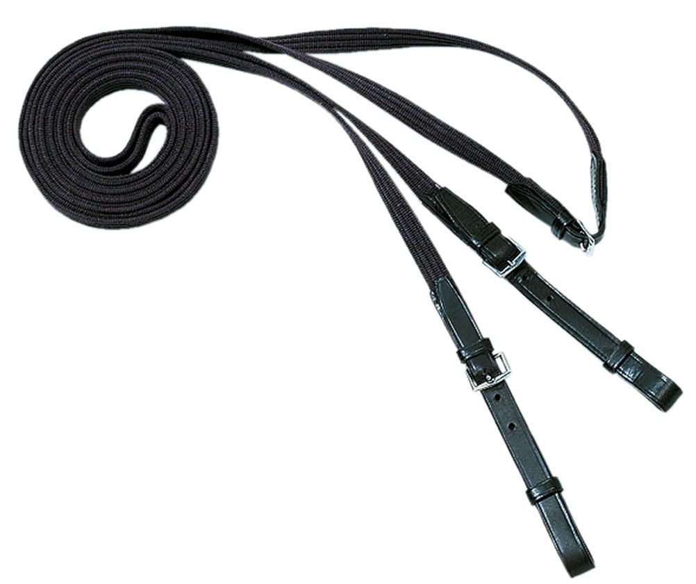 Schwarze Zügel mit Lederriemen und Schnallen. Aufgerolltes Seil. Detailansicht.