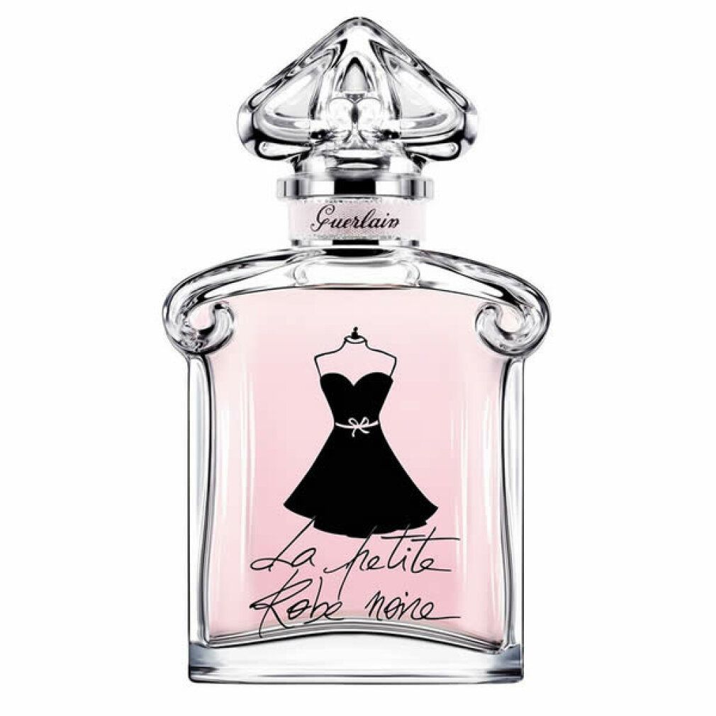 Glasflakon mit rosa Flüssigkeit. Schwarzes Kleid-Design. Klarer Verschluss. Schriftzug: La petite Robe noire.