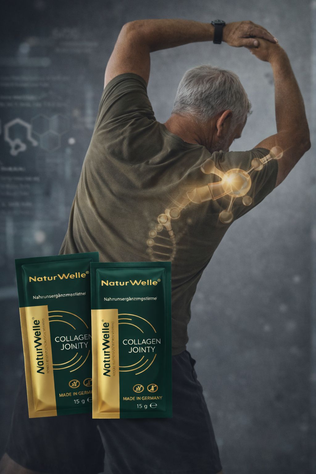 Mann dehnt sich. Neben ihm zwei Beutel mit der Aufschrift NaturWelle Collagen Joints.