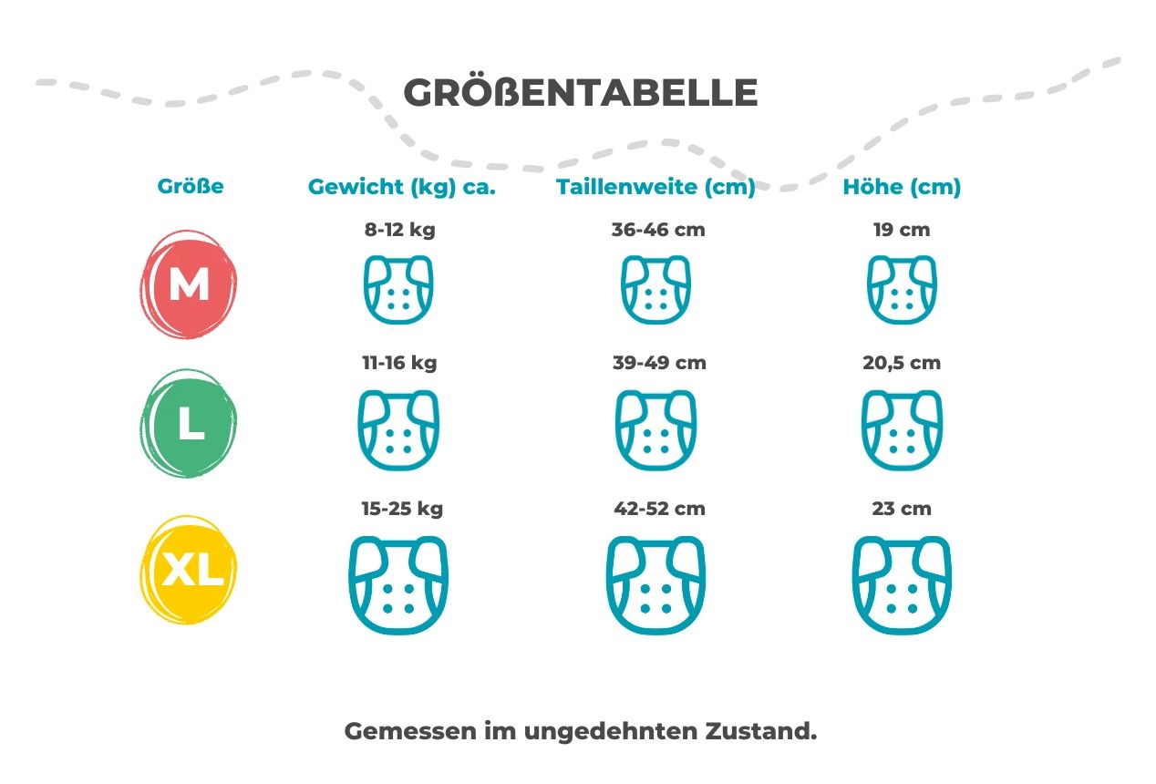 Größentabelle für Trainer. Größen M, L, XL. Gewichts- und Taillenangaben.