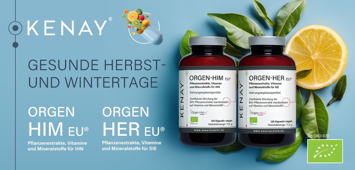 Zwei braune Flaschen mit Etikett. Text: ORGEN-HIM EU, Nahrungsergänzungsmittel. Marke KENAY. Zitrone und Blätter.