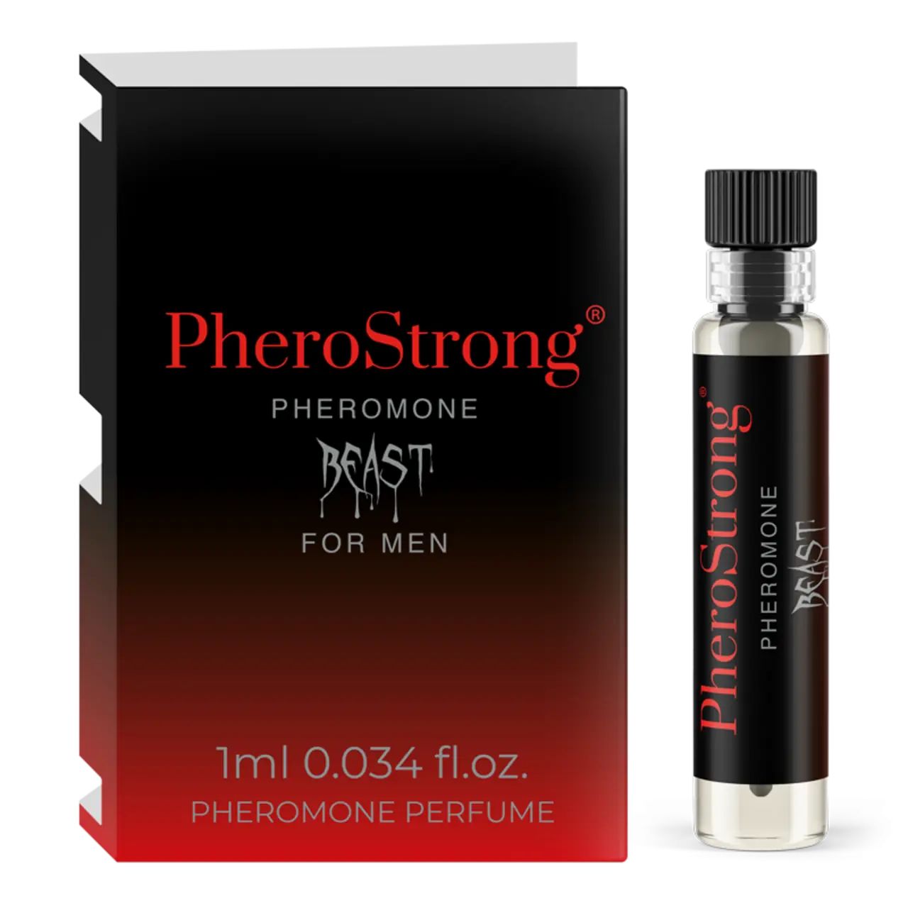 PheroStrong Pheromone Beast für Männer. Flakon und Verpackung. Schwarze Flasche mit roter Schrift. 1ml.