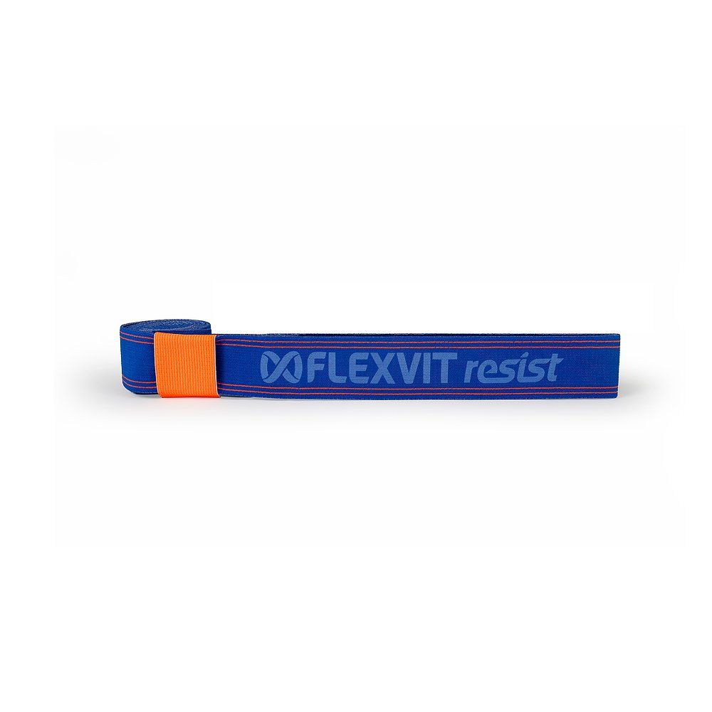 Blaues FLEXVIT Resist Band, gerollt. Orangefarbener Verschluss. FLEXVIT Resist Schriftzug.