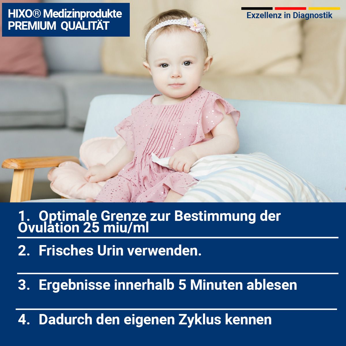 Kleines Mädchen sitzt. Text: Optimale Grenze 25 mIU/ml, frischer Urin verwenden, Ergebnisse in 5 Minuten, Zyklus kennenlernen.