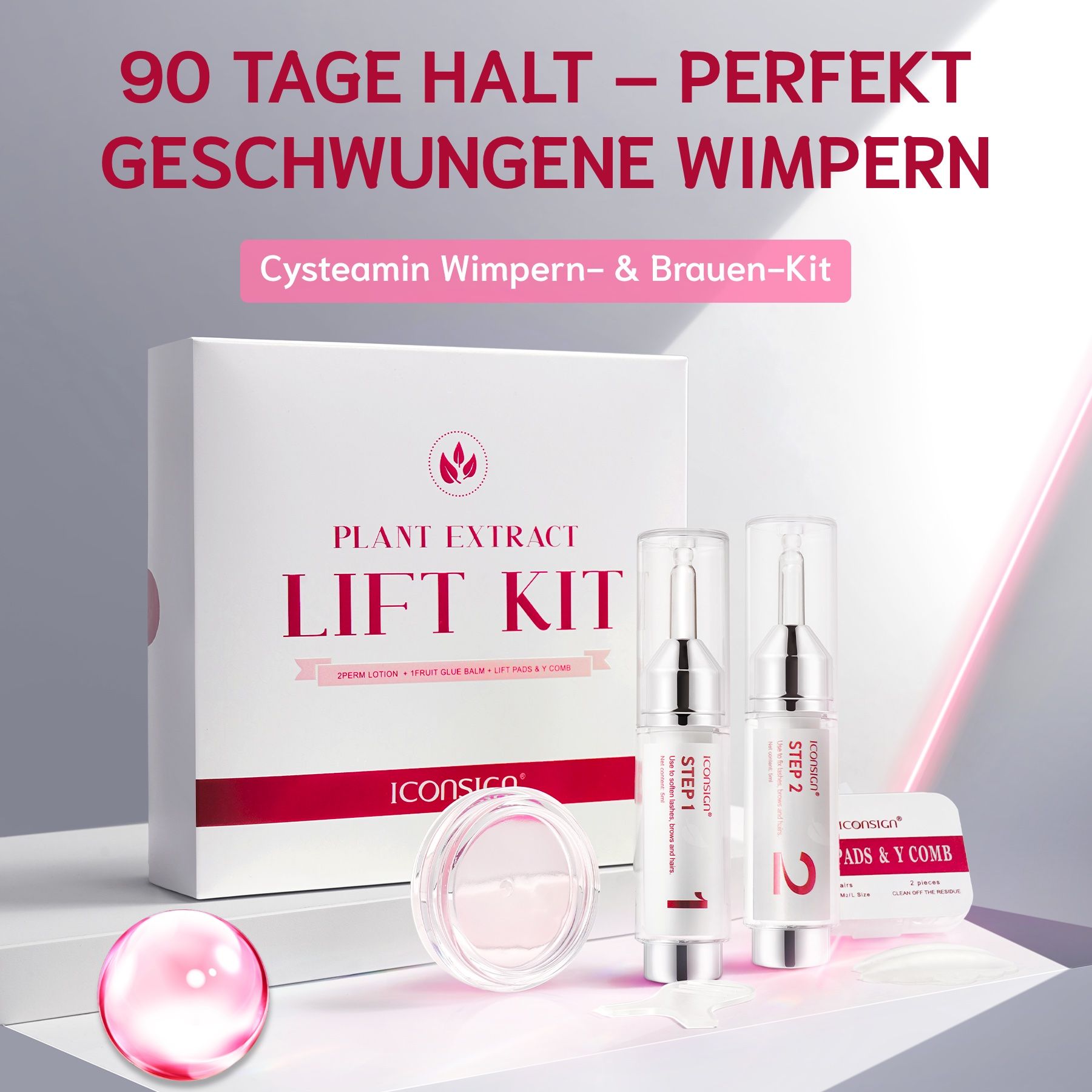 Produkt-Set mit Verpackung. Enthält Flaschen, Behälter und Zubehör. Text: 90 Tage Halt. Marke: Iconsign.