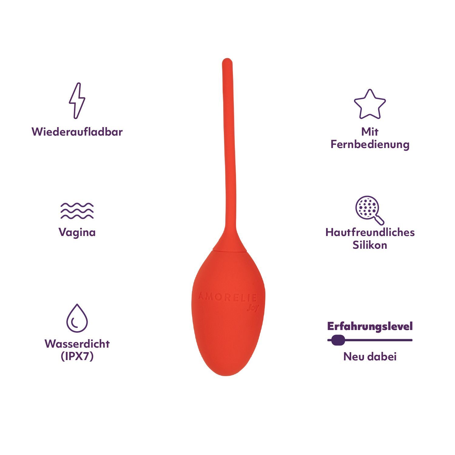 Oranger Kegel mit Stiel, umgeben von Icons. Text: Wiederaufladbar, Vagina, Wasserdicht (IPX7), Mit Fernbedienung, Hautfreundliches Silikon, Erfahrungslevel, Neu dabei.