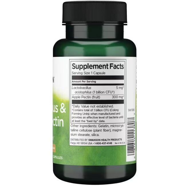 Rückseite der grünen Flasche. Aufschrift: Supplement Facts. Enthält Lactobacillus acidophilus und Apfelpektin. Inhaltsstoffe.