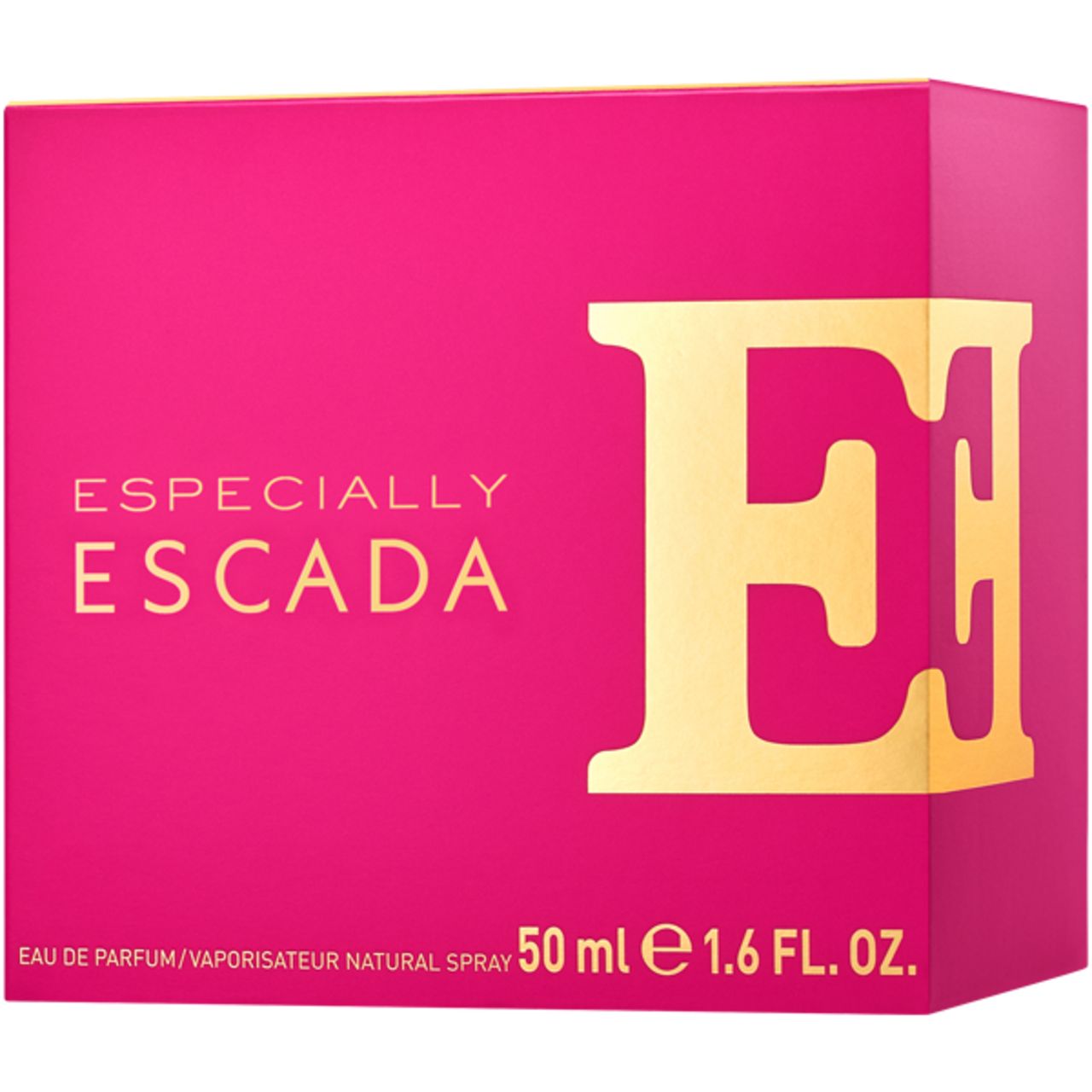 Pinke Verpackung mit goldfarbenem Schriftzug ESPECIALLY ESCADA. Aufschrift: 50 ml e 1.6 FL. OZ.