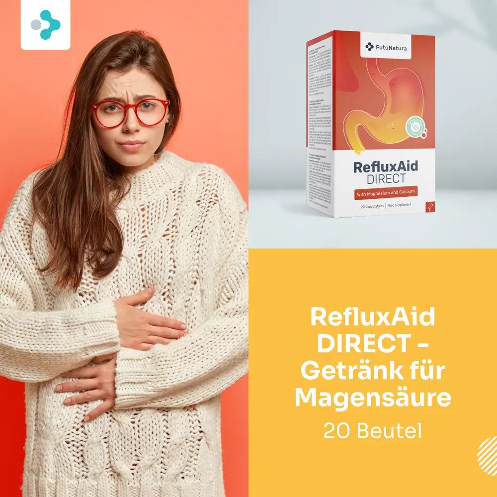 Frau mit Bauchschmerzen neben Produktpackung. Aufdruck: RefluxAid DIRECT, 20 Beutel.