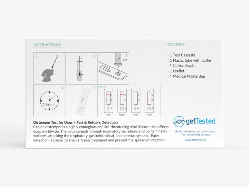 Verpackung mit Illustrationen und Text. Enthält Testkassette, Plastikröhrchen, Wattestäbchen, Beipackzettel und medizinischen Abfallbeutel.
