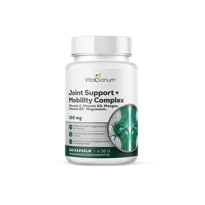 Weißes Pillenfläschchen mit Aufschrift VitaSanum Joint Support + Mobility Complex. 120 Kapseln, 150 mg. Grün-weißes Etikett.