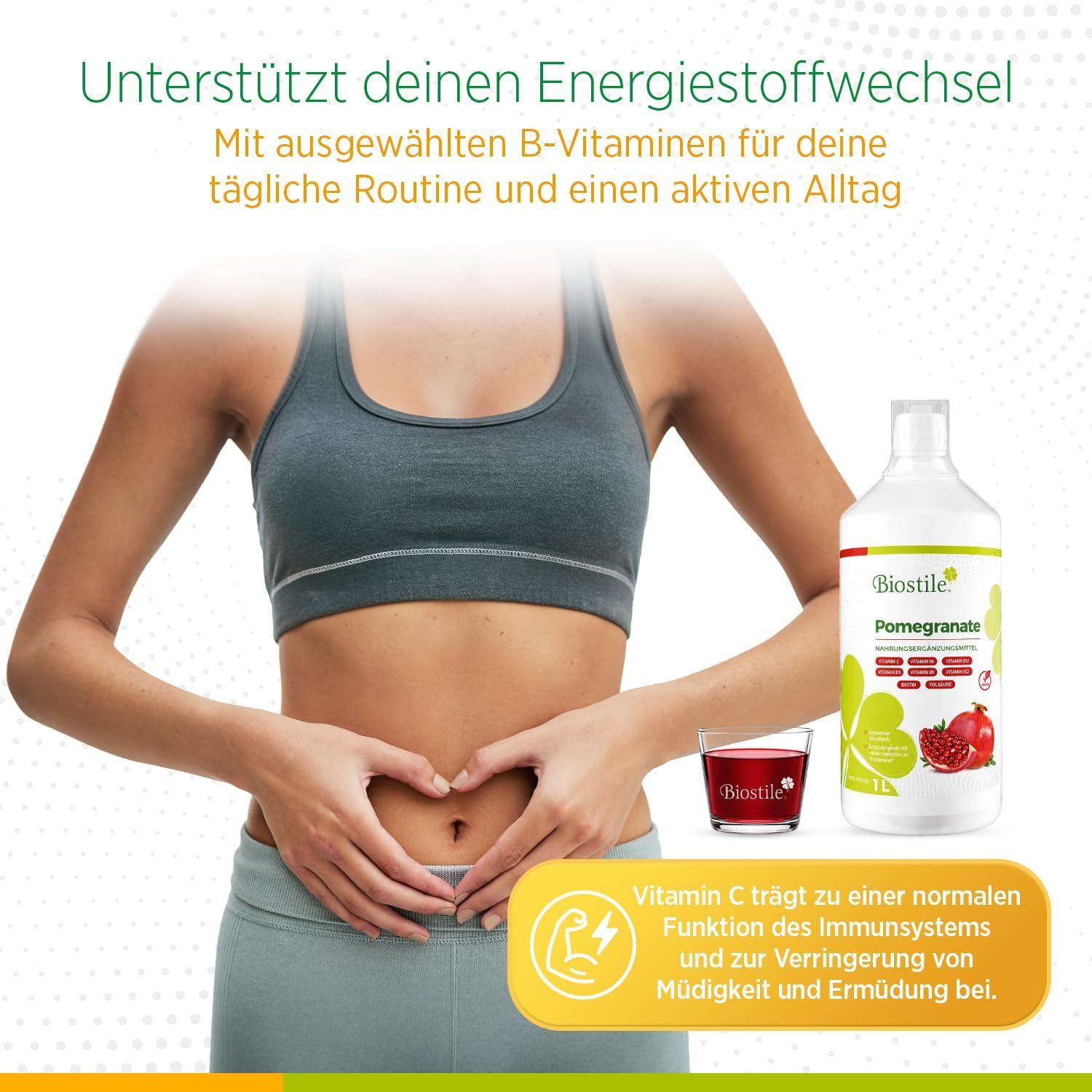 Frau mit Händen auf dem Bauch. Biostile Granatapfelsaft Flasche, 1L. Vitamin C für Immunsystem.