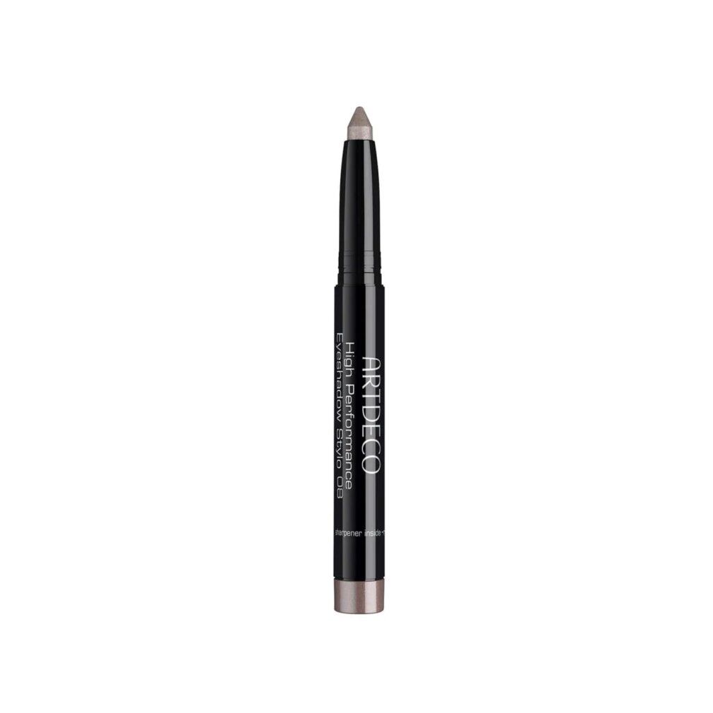 Artdeco High Performance Eyeshadow Stylo. Grauer Lidschattenstift. Schwarzer Stift mit silberner Spitze. Produktname und Marke sichtbar.