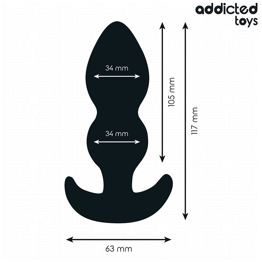 Abmessungen eines schwarzen Silikon-Analplugs: 117 mm Länge, 63 mm Basisbreite.