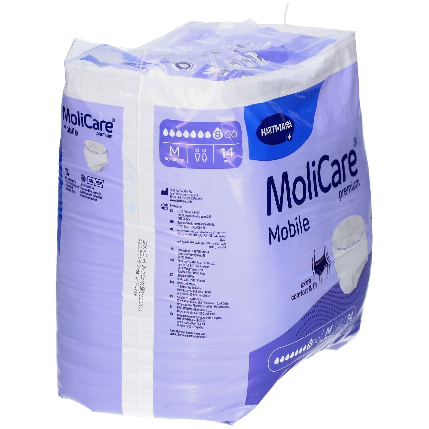 Verpackung MoliCare® premium Mobile Pants M. Enthält 14 Stück. Größe M, 80-120 cm. Marke Hartmann.