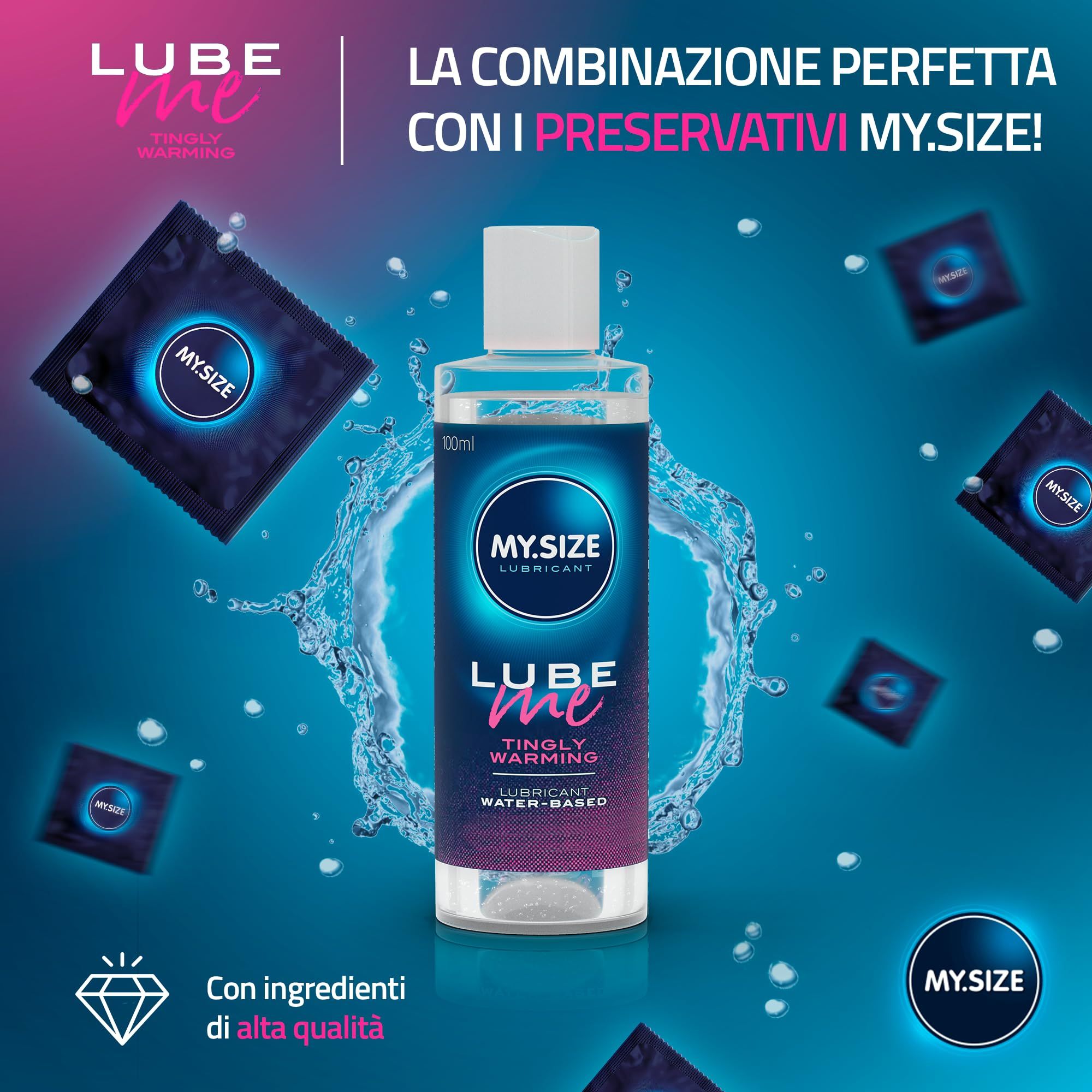 MY.SIZE Lube Me Tingly Warming Gleitgel, 100ml Flasche, mit Kondomen.