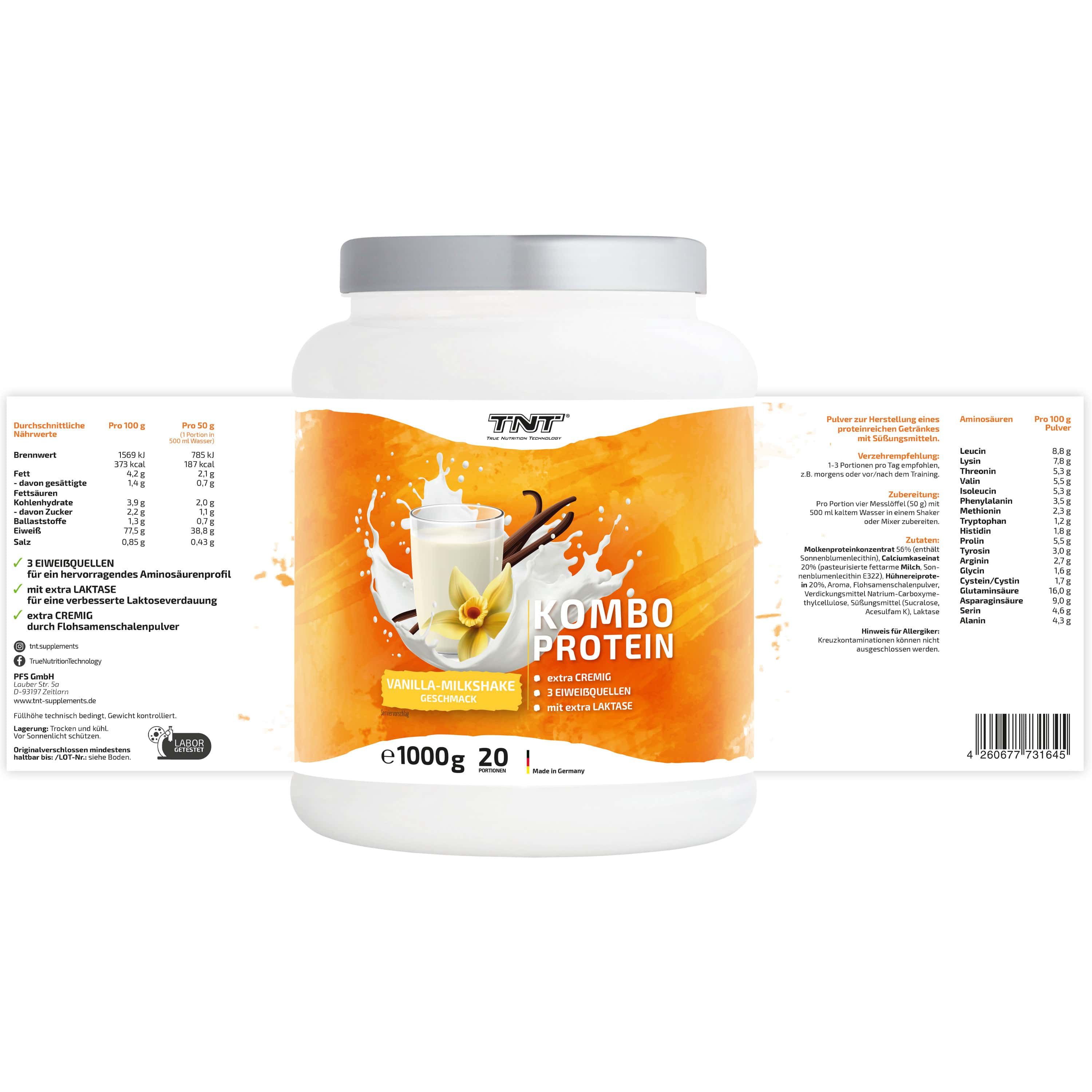 TNT Kombo Protein-Behälter. Vanille-Milchshake-Geschmack. 1000g. Nährwertangaben und Aminosäurenprofil.
