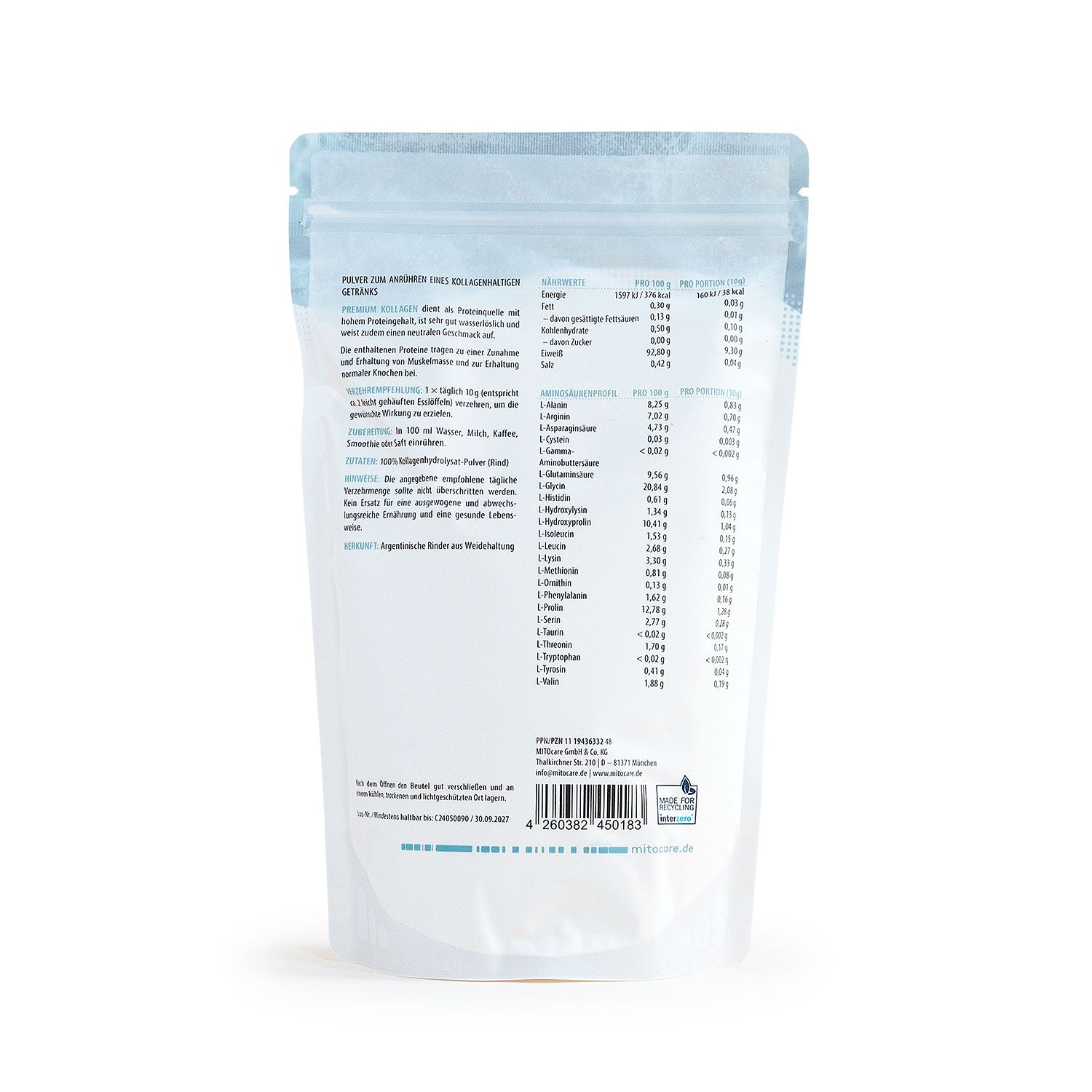Rückseite des MITOcare® Premium Kollagen Pulver Beutels mit Nährwertangaben.