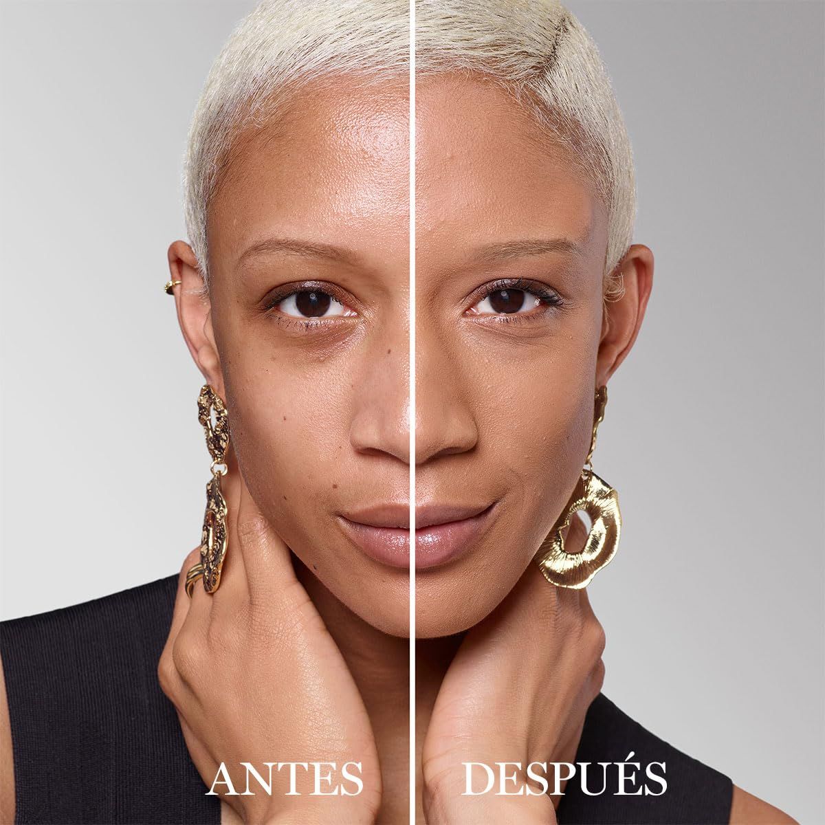 Gesicht einer Frau, geteilt in Vorher-Nachher-Ansicht. Eine Seite ungeschminkt, die andere mit Make-up.