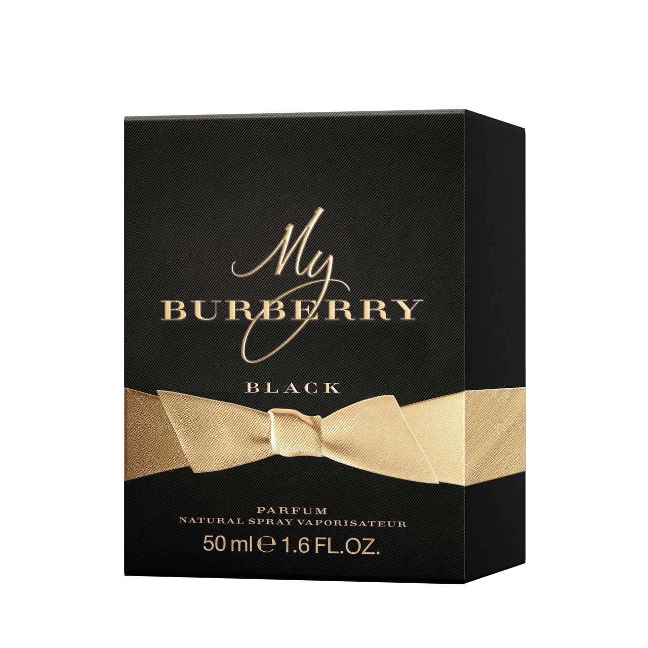 Schwarze Verpackung von Burberry My Burberry Black E.d.P. Nat. Spray. Goldene Schleife und Produktname.