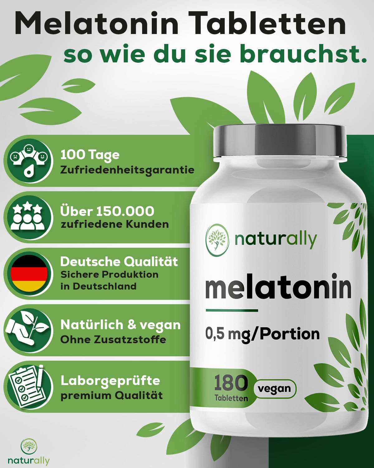Pillenfläschchen mit grünem Etikett. Text: naturally Melatonin, 0,5 mg/Portion, 180 Tabletten, vegan. Icons.