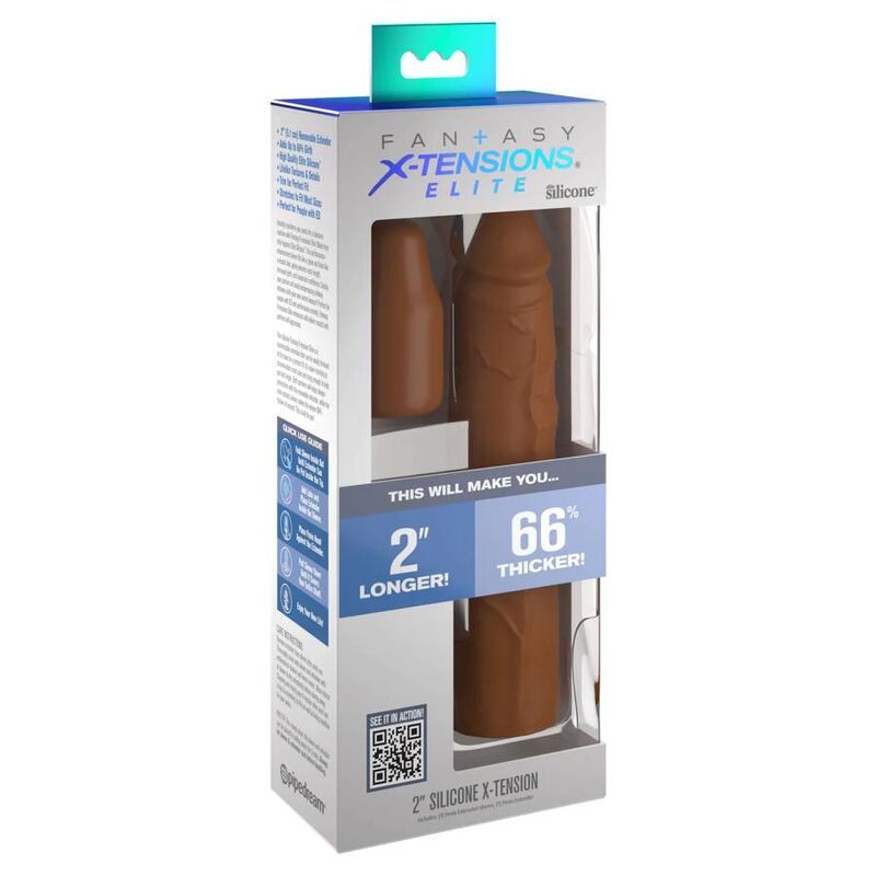 Verpackung von Fantasy X-Tensions. Enthält einen braunen Silikon-Penisersatz und einen Extender. Aufschrift: 2" länger, 66% dicker.