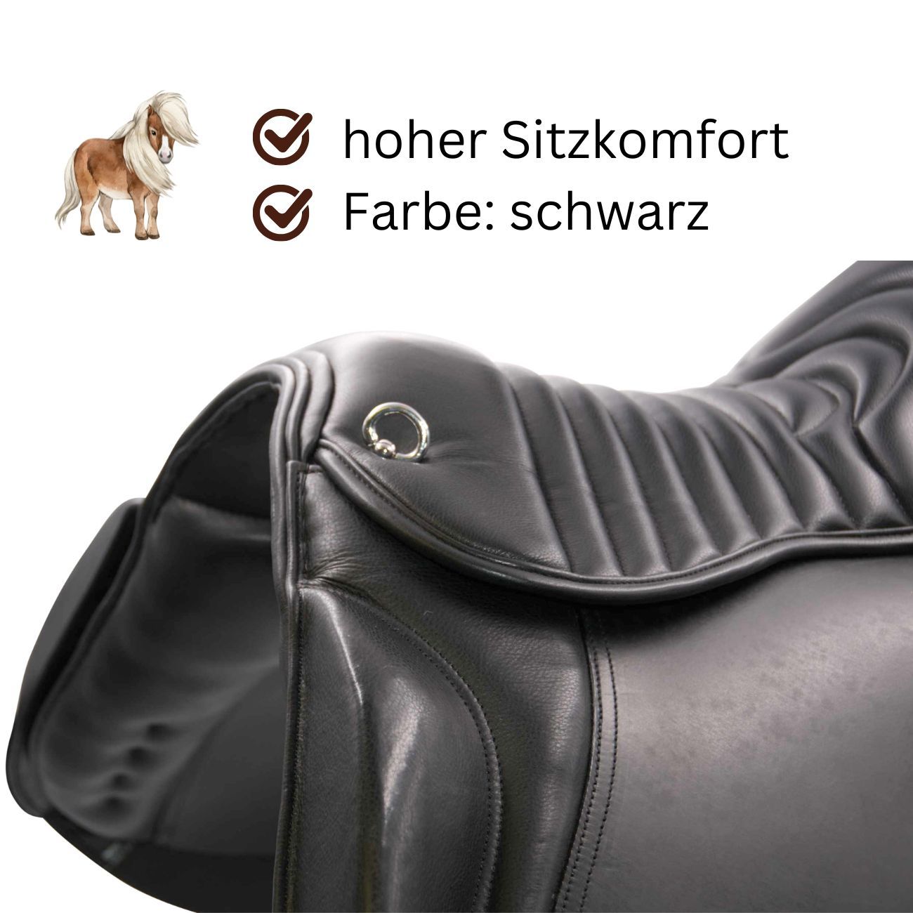 Schwarzer Sattel mit hohem Sitzkomfort. Text: hoher Sitzkomfort, Farbe: schwarz.