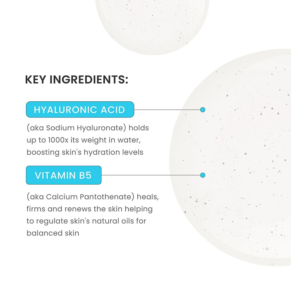 Text: Wichtige Inhaltsstoffe. Hyaluronsäure und Vitamin B5. Beschreibungen der Inhaltsstoffe.