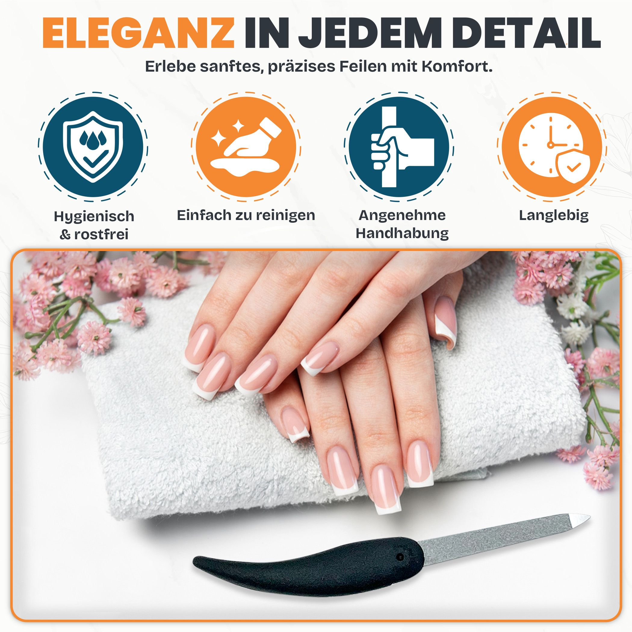 Gepflegte Hände mit Maniküre, neben einer schwarzen, klappbaren Nagelfeile.