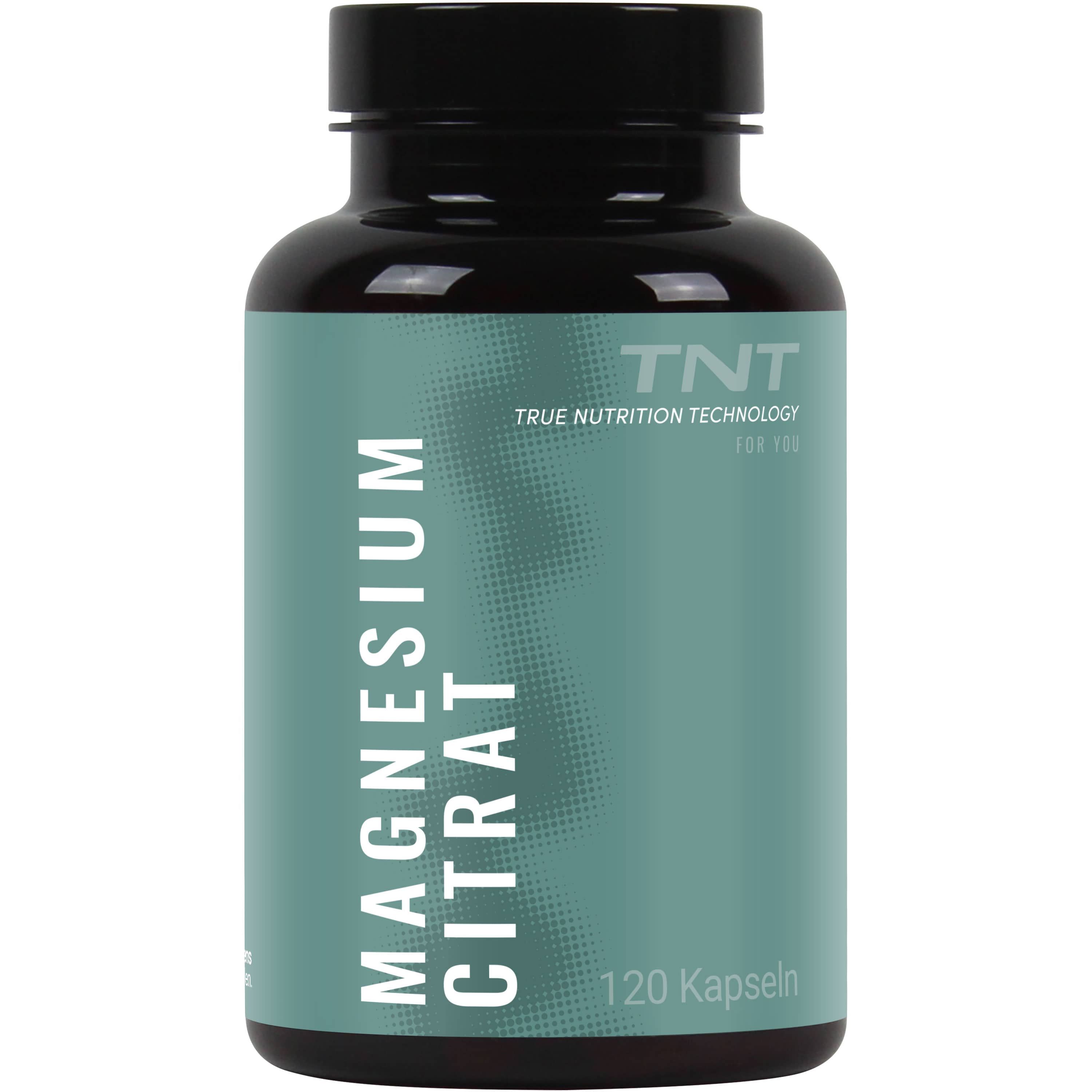Braune Flasche mit grüner Etikette. Aufschrift: Magnesium Citrat, 120 Kapseln. Marke: TNT True Nutrition Technology.