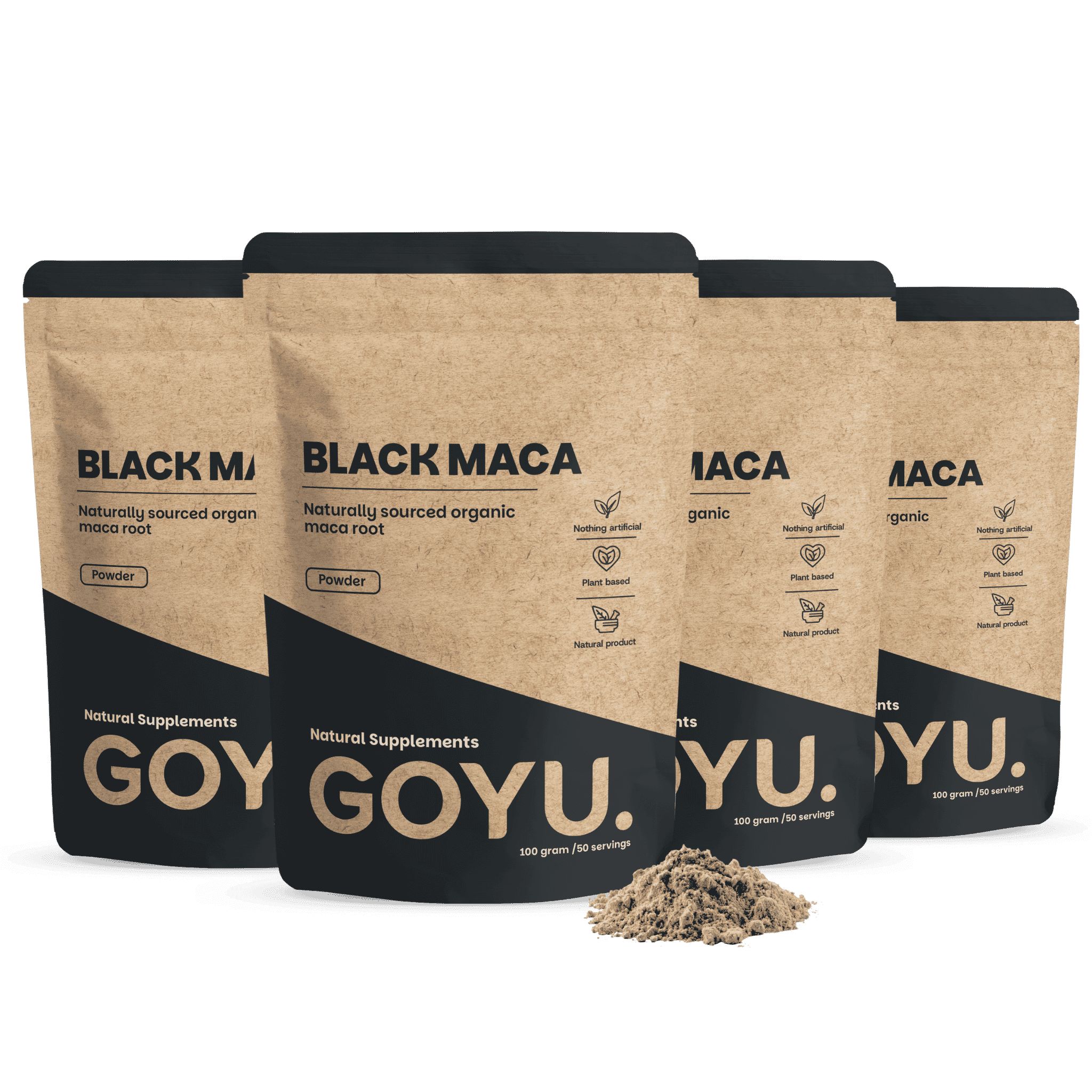 Vier Packungen GOYU Black Maca Pulver in braunen Standbodenbeuteln mit schwarzem Akzent. 100g.