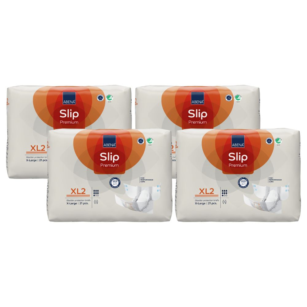 Mehrere Packungen ABENA Slip Premium XL2. Verpackung mit orangefarbenem Bogen und Produktbezeichnung. XL2-Größe und Anzahl der Windeln angegeben.